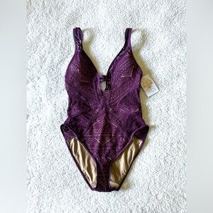 BECCA Womens One Piece Swimsuit Purple Crochet Size Large New with Tags